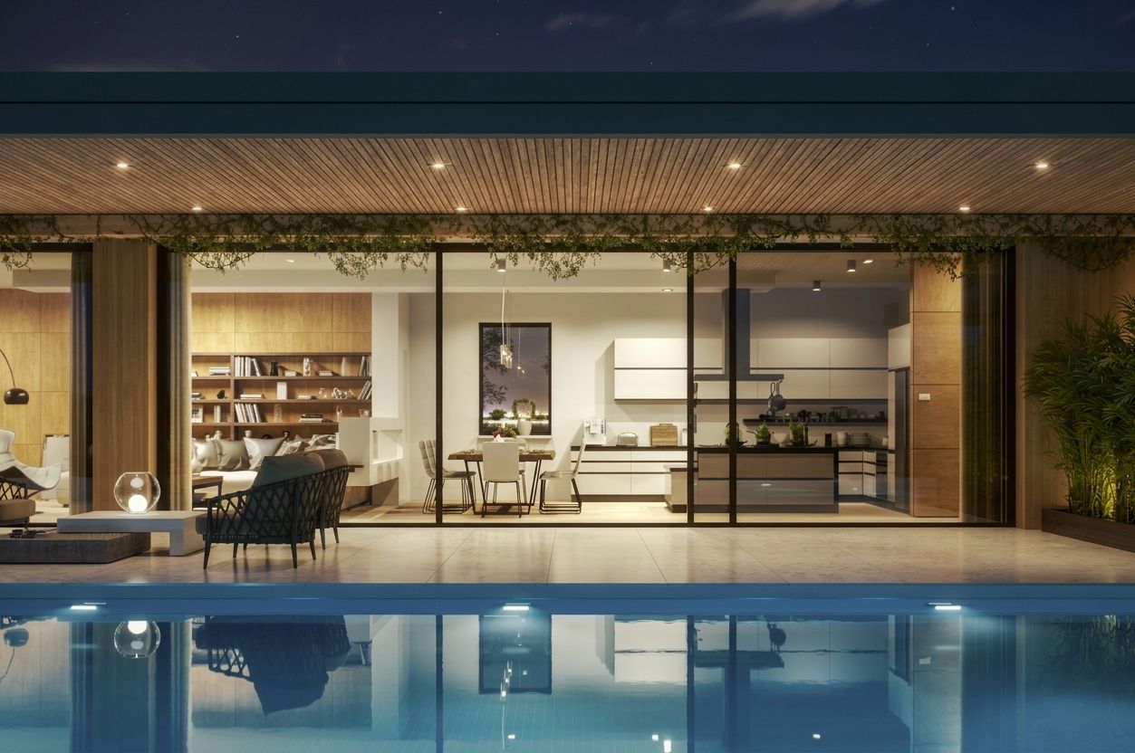 Porche y piscina iluminados de noche, con el salón y la cocina abiertos al exterior